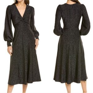 NWT BODEN Black Metallic Jersey Surplice Blouson Sleeves Midi Dress